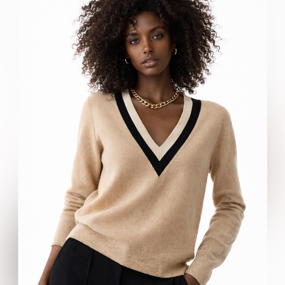 Sandro Paris Tops - V-Neck Knit Sweater in Camel with Black Trim